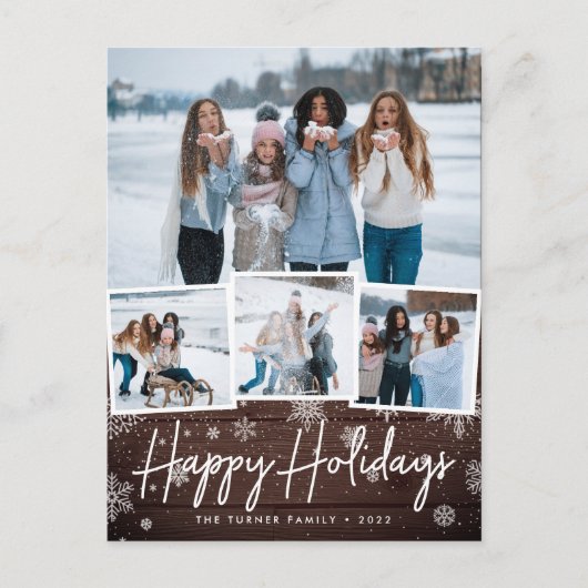 木の素朴スノーフレーク写真コラージュ シーズンポストカード (正面)