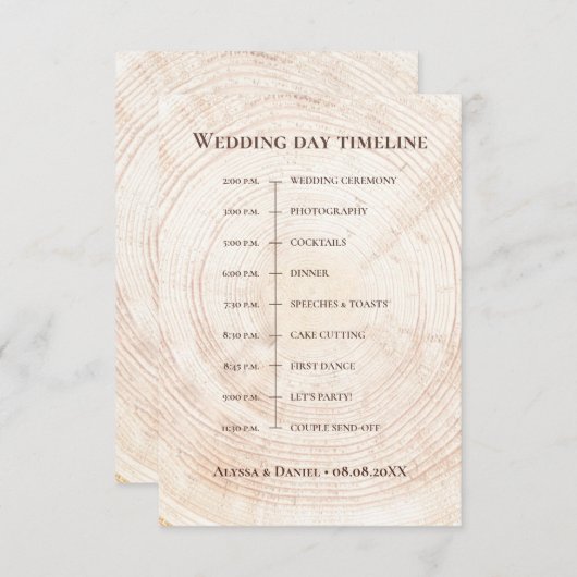 木の素朴スライス結婚式の日のタイムライン エンクロージャーカード (正面/裏面)