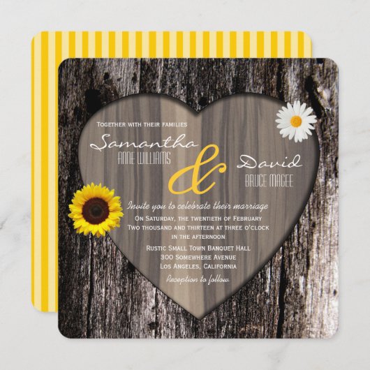 木の素朴ハートひまわりとデイジー結婚ズ 招待状 (正面/裏面)