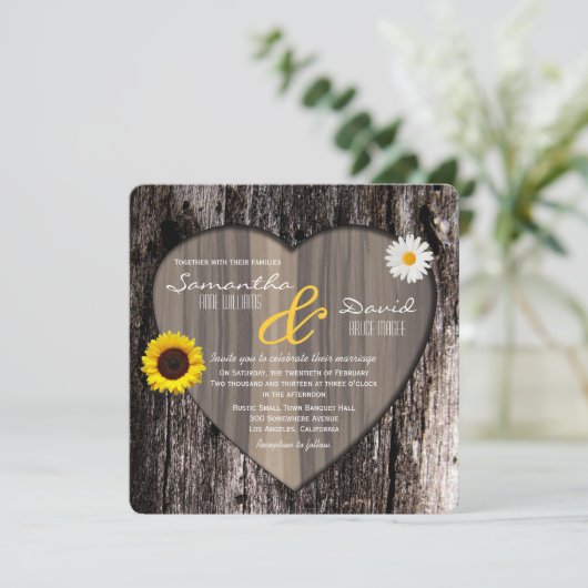 木の素朴ハートひまわりとデイジー結婚ズ 招待状 (スタンド正面)