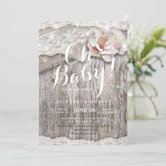 木の素朴バーラップレースの文字列ライトベビーシャワー 招待状 (スタンド正面)