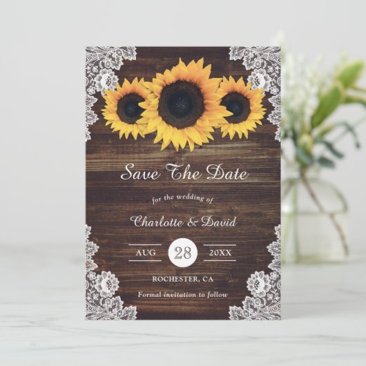 木の素朴レースとヒマワリは日付カードを保存 セーブザデート (スタンド正面)