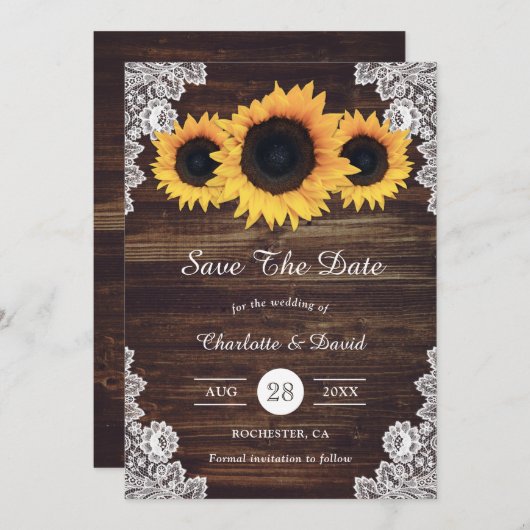 木の素朴レースとヒマワリは日付カードを保存 セーブザデート (正面/裏面)