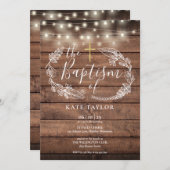 木の素朴弦の光と葉の洗礼 招待状 (正面/裏面)