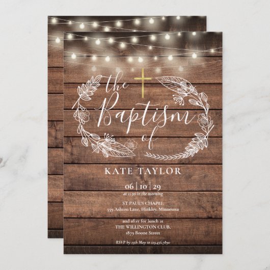 木の素朴弦の光と葉の洗礼 招待状 (正面/裏面)