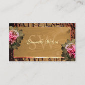 木の素朴樹皮がピンクのバラを咲かせるモノグラム 名刺 (正面)