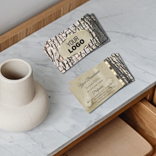 木の素朴樹皮の木目の楕円形の金ゴールドのロ縁どゴ 名刺