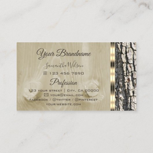 木の素朴樹皮の木目の楕円形の金ゴールドのロ縁どゴ 名刺 (裏面)