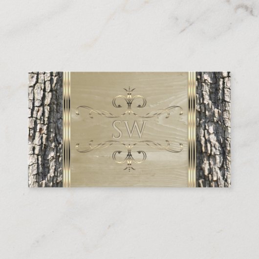 木の素朴樹皮の木目金ゴールドモノグラム華美 名刺 (正面)