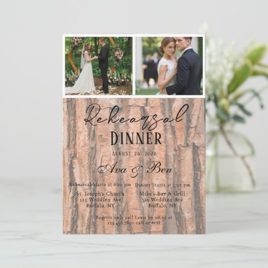 木の素朴樹皮の結婚写真リハーサル夕食会 招待状 (スタンド正面)
