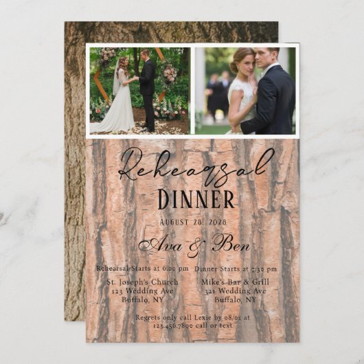 木の素朴樹皮の結婚写真リハーサル夕食会 招待状 (正面/裏面)