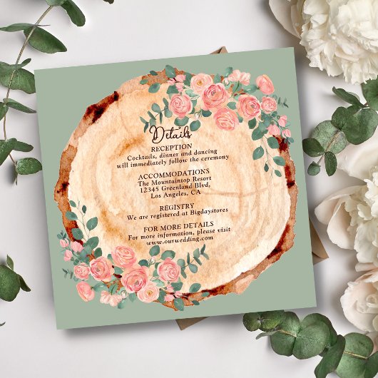 木の素朴樹皮リングや輪水彩ピンクのバラ緑 エンクロージャーカード