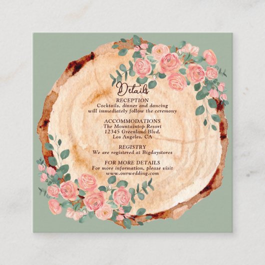 木の素朴樹皮リングや輪水彩ピンクのバラ緑 エンクロージャーカード (正面)