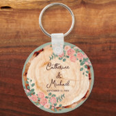 木の素朴樹皮リングや輪水彩ピンクのバラ緑 キーホルダー (正面)