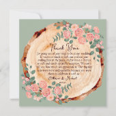 木の素朴樹皮リングや輪水彩ピンクのバラ緑 サンキューカード (正面)