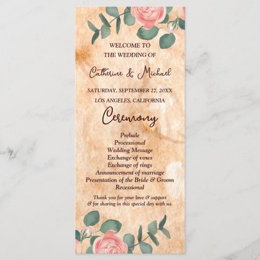 木の素朴樹皮リングや輪水彩ピンクのバラ緑 プログラム (正面)