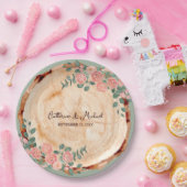 木の素朴樹皮リングや輪水彩ピンクのバラ緑 ペーパープレート (パーティー)