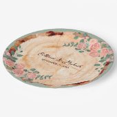 木の素朴樹皮リングや輪水彩ピンクのバラ緑 ペーパープレート (アングル)