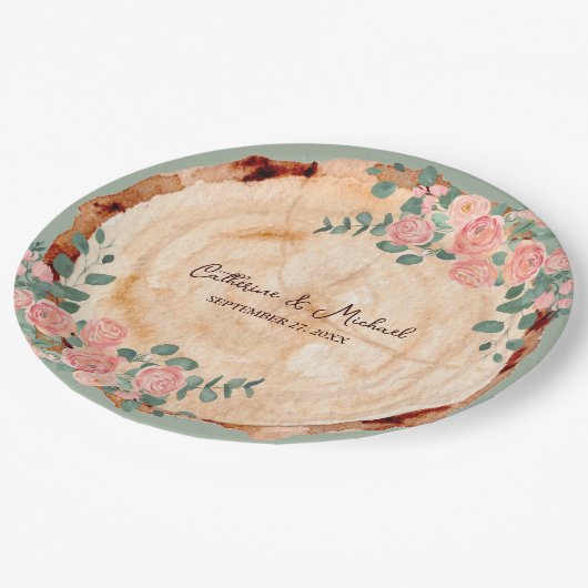 木の素朴樹皮リングや輪水彩ピンクのバラ緑 ペーパープレート (アングル)