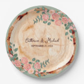 木の素朴樹皮リングや輪水彩ピンクのバラ緑 ペーパープレート (正面)