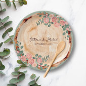 木の素朴樹皮リングや輪水彩ピンクのバラ緑 ペーパープレート