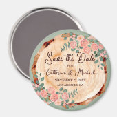 木の素朴樹皮リングや輪水彩ピンクのバラ緑 マグネット (正面/裏面)