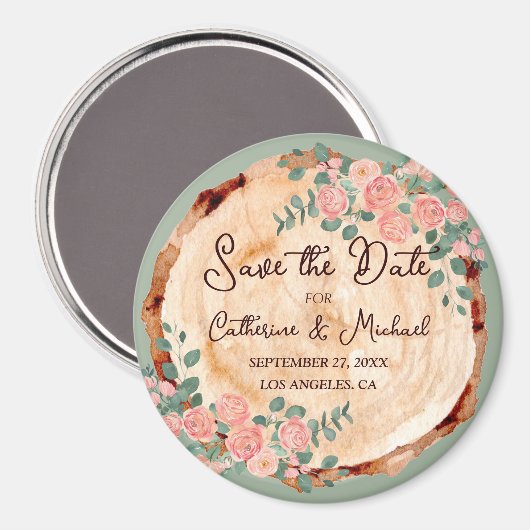 木の素朴樹皮リングや輪水彩ピンクのバラ緑 マグネット (正面/裏面)