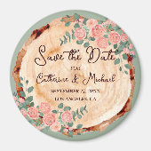 木の素朴樹皮リングや輪水彩ピンクのバラ緑 マグネット (正面)