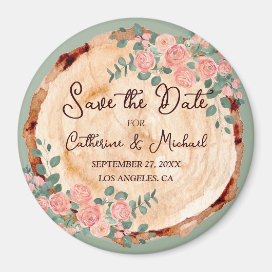 木の素朴樹皮リングや輪水彩ピンクのバラ緑 マグネット (正面)