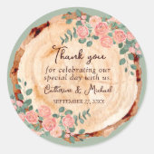 木の素朴樹皮リングや輪水彩ピンクのバラ緑 ラウンドシール (正面)