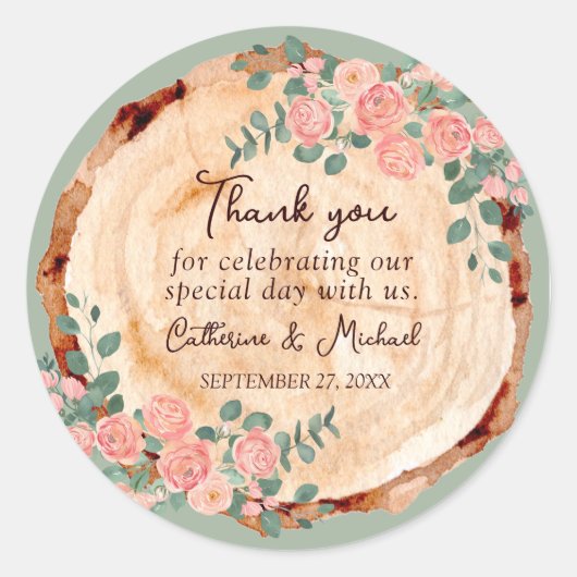 木の素朴樹皮リングや輪水彩ピンクのバラ緑 ラウンドシール (正面)