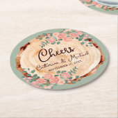 木の素朴樹皮リングや輪水彩ピンクのバラ緑 ラウンドペーパーコースター (アングル)