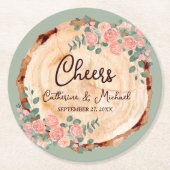 木の素朴樹皮リングや輪水彩ピンクのバラ緑 ラウンドペーパーコースター (正面)