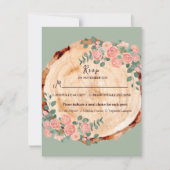 木の素朴樹皮リングや輪水彩ピンクのバラ緑 出欠カード (正面)