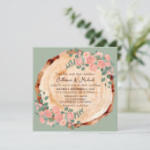 木の素朴樹皮リングや輪水彩ピンクのバラ緑 招待状 (スタンド正面)