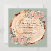 木の素朴樹皮リングや輪水彩ピンクのバラ緑 招待状 (正面)