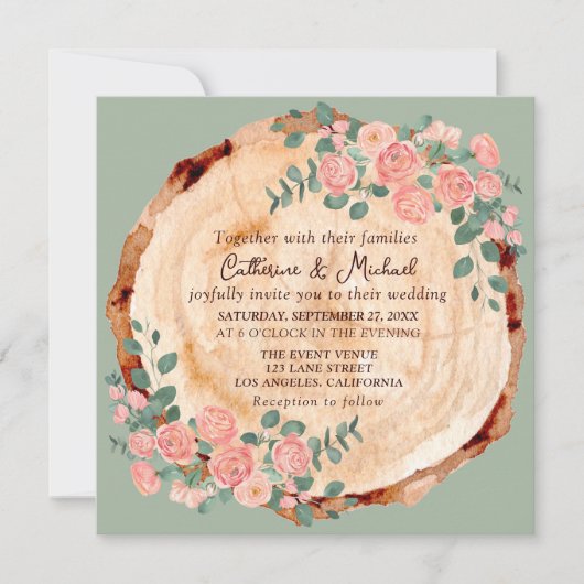 木の素朴樹皮リングや輪水彩ピンクのバラ緑 招待状 (正面)