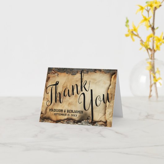 木の素朴樹皮ヴィンテージ羊皮紙紙結婚の カード (黄色い花)