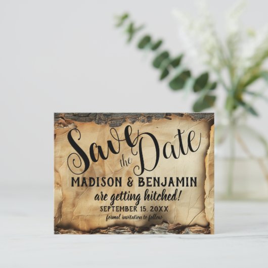 木の素朴樹皮ヴィンテージ羊皮紙紙結婚の ポストカード (スタンド正面)