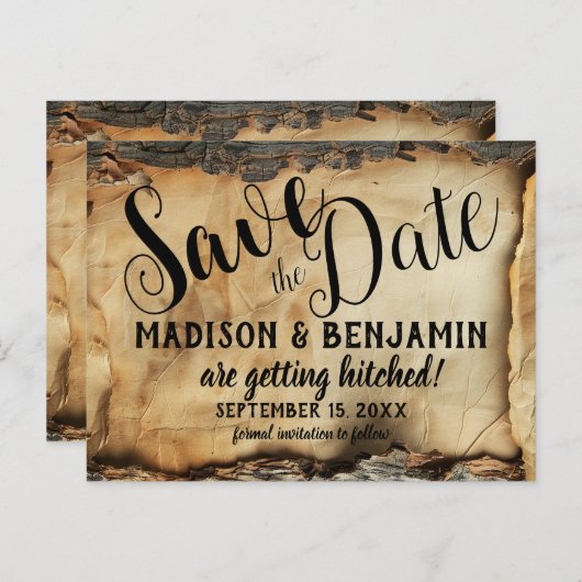 木の素朴樹皮ヴィンテージ羊皮紙紙結婚の ポストカード (正面/裏面)