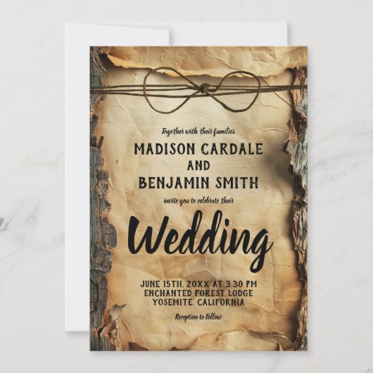 木の素朴樹皮ヴィンテージ羊皮紙紙結婚の 招待状 (正面)