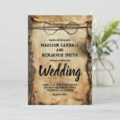 木の素朴樹皮ヴィンテージ羊皮紙紙結婚の 招待状 (スタンド正面)