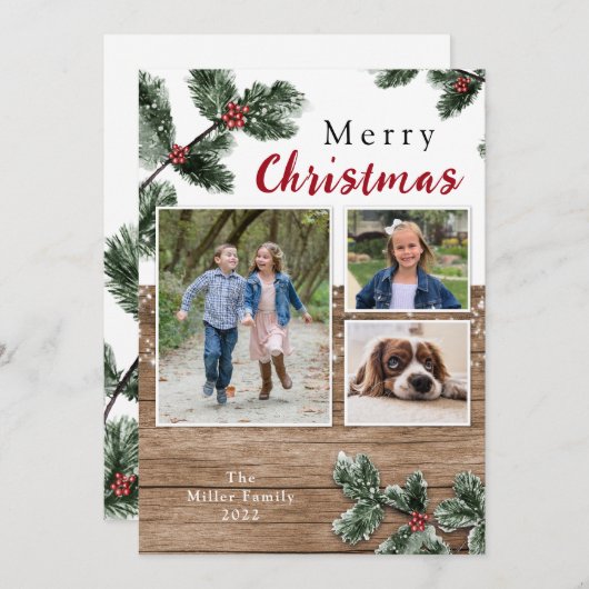 木の素朴緑のクリスマスの休日のフォトカード シーズンカード (正面/裏面)