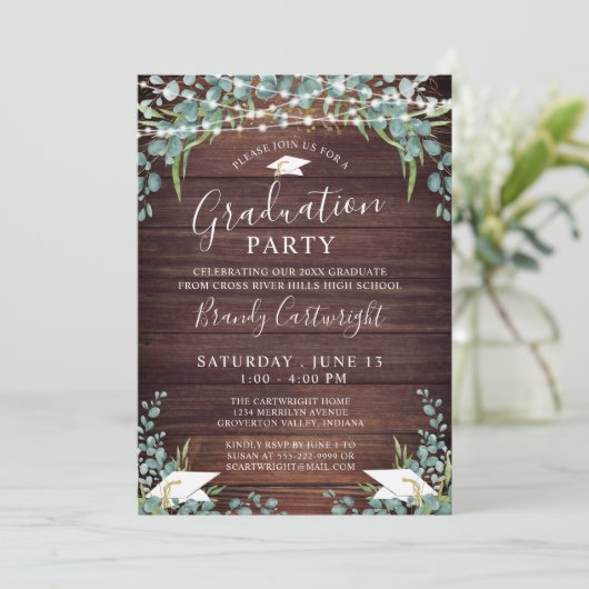 木の素朴緑の文字列ライト卒業 招待状 (スタンド正面)