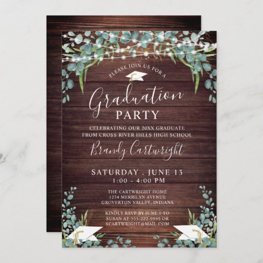 木の素朴緑の文字列ライト卒業 招待状 (正面/裏面)