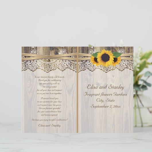 木の結婚式のプログラムにレースリボン&ひまわりの花 (スタンド正面)
