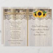 木の結婚式のプログラムにレースリボン&ひまわりの花 (正面/裏面)