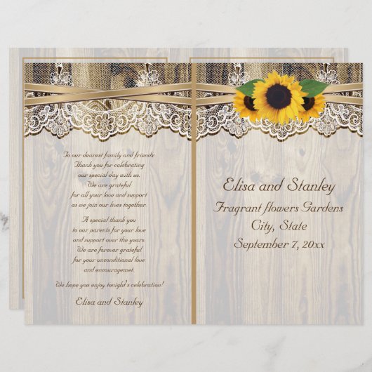 木の結婚式のプログラムにレースリボン&ひまわりの花 (正面/裏面)