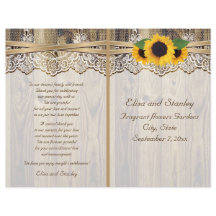 木の結婚式のプログラムにレースリボン&ひまわりの花