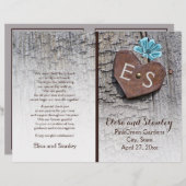 木の結婚式プログラムの青い花とハート (正面/裏面)